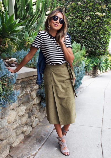 black and white striped t-shirt with long khaki wrap skirt