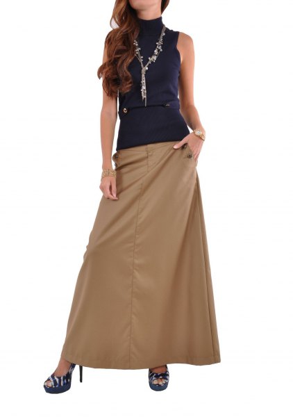 navy blue suede neck top with khaki long skirt