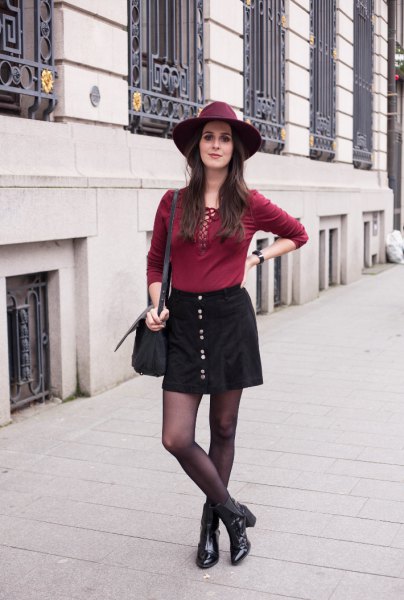 black button down mini skirt with burgundy lace shirt