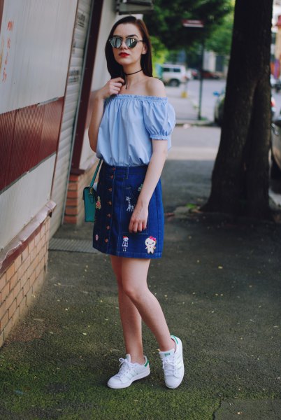 sky blue from the shoulder blouse with embroidered button up denim skirt