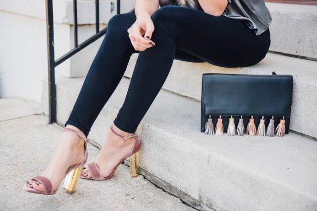 gray and gold velvet heels with silver silk top