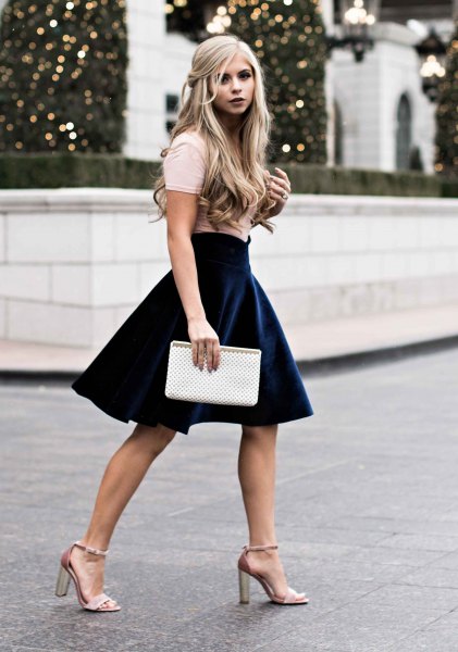 pink heels with navy velvet mini skirt