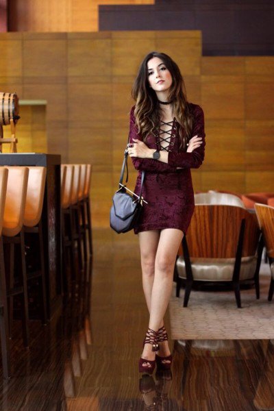 burgundy lace bodycon mini dress with black open toe velvet heels