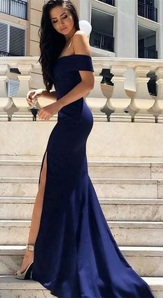 navy blue from the shoulder with a high split dress in floor length