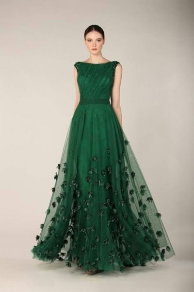 dark green embroidered chiffon dress for evening dress