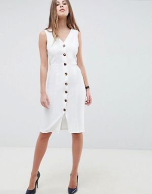 white button front knee-length v-neck sheath dress