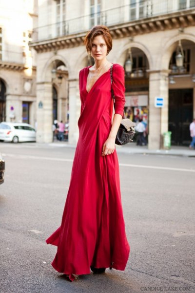 red three quarter sleeve low cut floor length dress