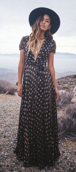 black and white star print maxi dress with low cut