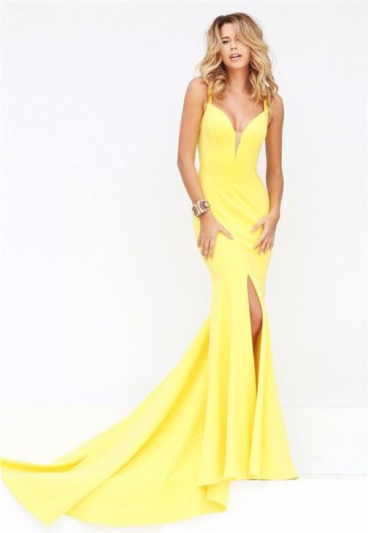 lemon yellow plunging neckline mermaid dress