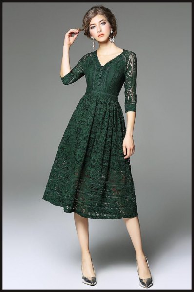 dark green three quarter sleeve lace dress