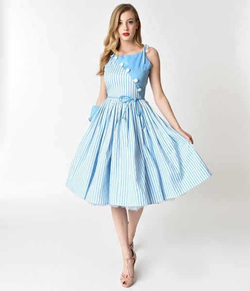 blue and white vertical striped midi swing dress