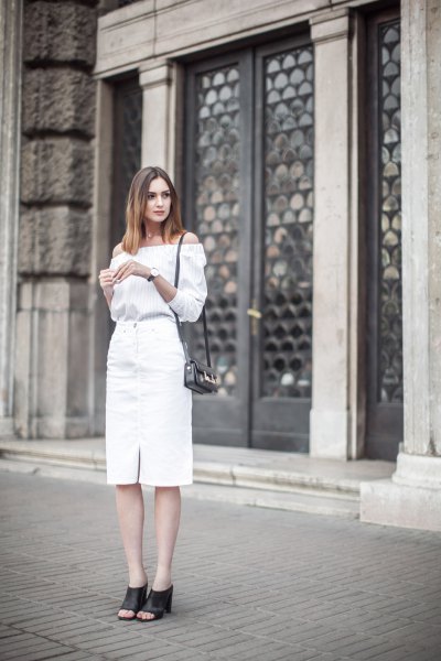 of the shoulder blouse with white midi denim skirt
