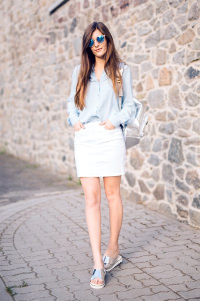 light blue button up shirt with white skirt