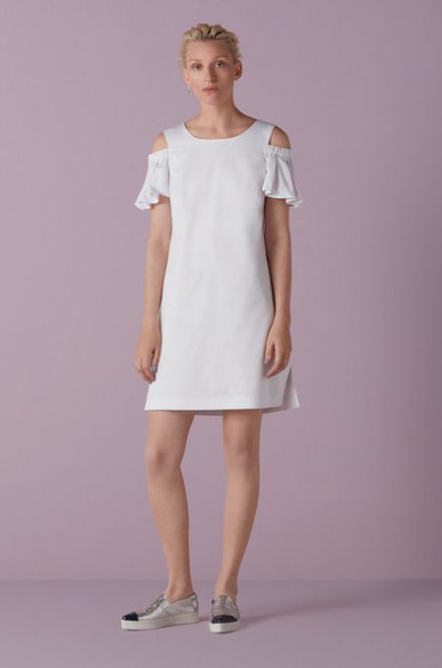 white open shoulder ruffle sleeve mini shift dress