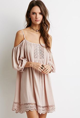 light pink open shoulder lace mini dress