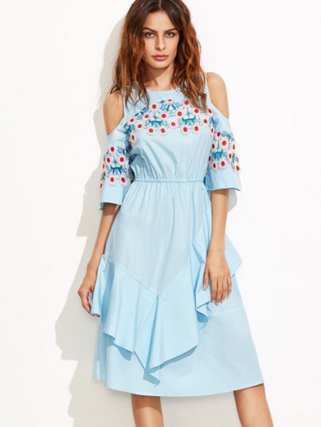 sky blue floral embroidered frilly midi-extended dress