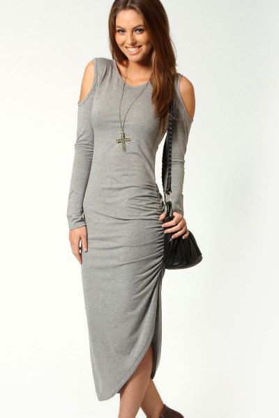gray maxi bodycon open shoulder dress with boots