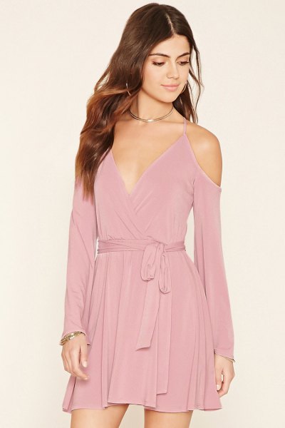 blush pink deep v-neckline waist mini blown velvet dress