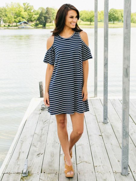 black and gray open shoulder dress with sandals