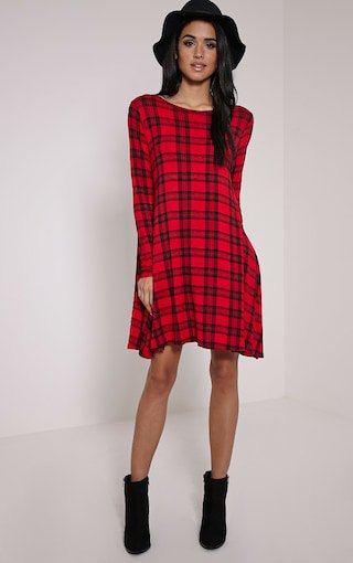 black and red checkered swing dress with floppy hat
