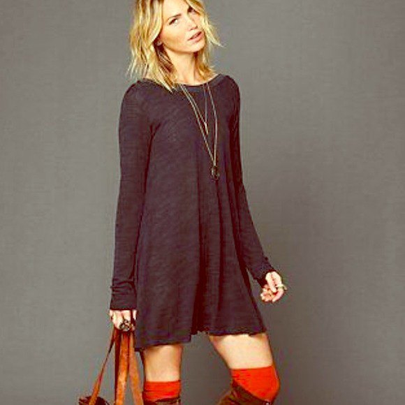 gray long-sleeved swing dress with brown suede high boots