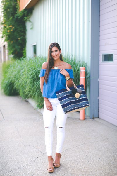 royal blue from the shoulder top with white ripped skinny jeans