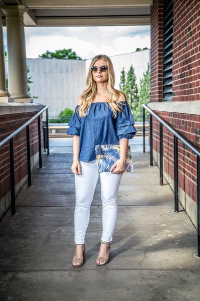 denim from the shoulder top with colorful clutch bag