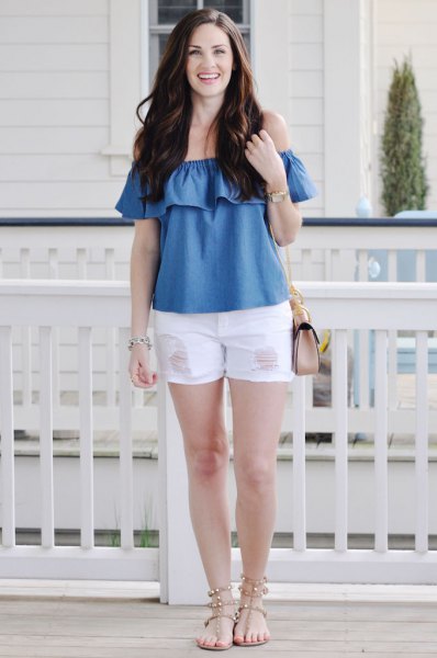blue off the shoulder denim ruffle top with white mini shorts