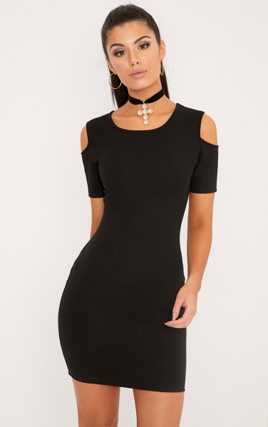 cold shoulder bodycon mini dress with choker necklace