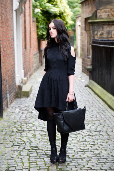 black from the shoulder gathered waist blown dress