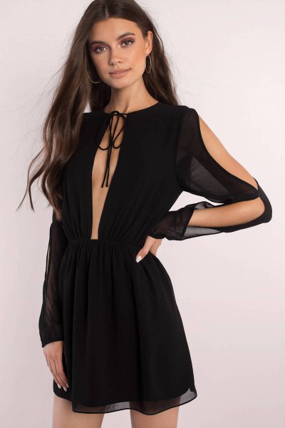 black chiffon cutout front cold shoulder mini dress