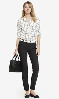 gray and white checkered shirt with black mouth dress pants