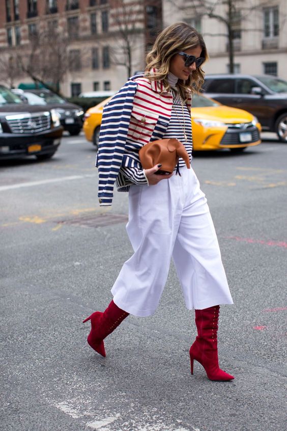 cropped red boots with wide leg trousers