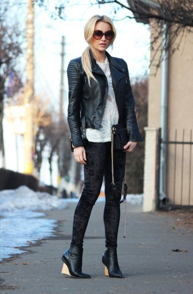 black leather blazer with white sweatshirts velvet leggings