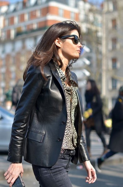 leather blazer with blouse on leopard print