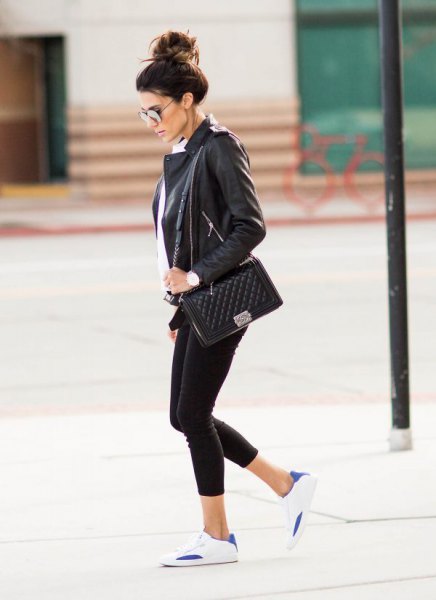 black leather blazer with white button up shirt and sneakers