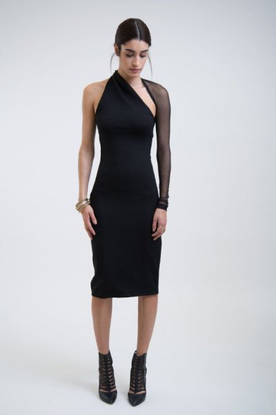 black mesh sleeve one shoulder mantle dress