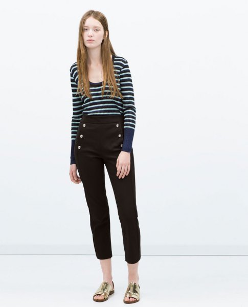 navy and white striped bucket neck sweater with black cropped pants