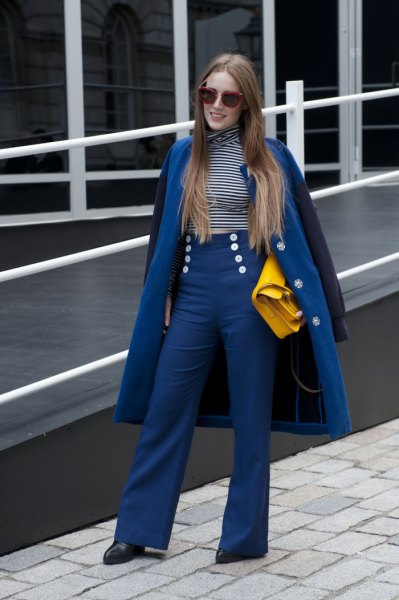 royal blue long wool coat with matching sailor pants
