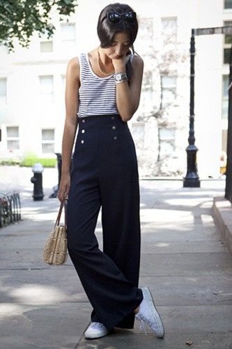 navy blue and white striped vest top