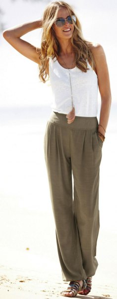 white vest top with green wide leg pants