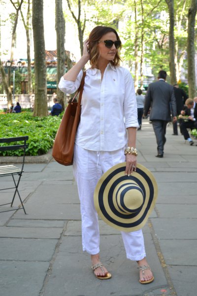 white button up shirt with sky blue cropped pants