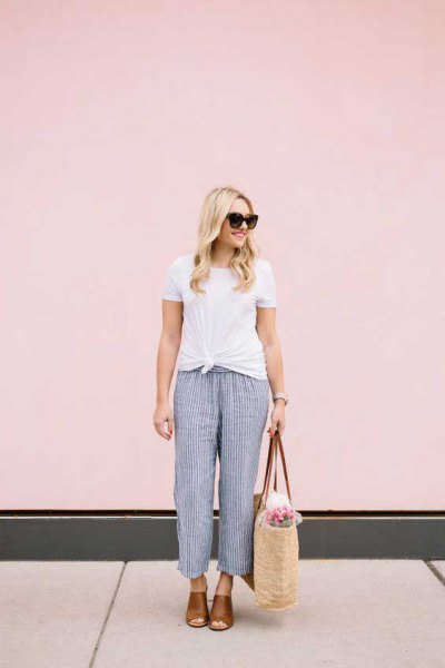 white knitted tee with navy striped beach trousers