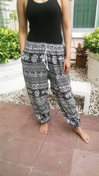 western top with black and white tribal printed beach trousers