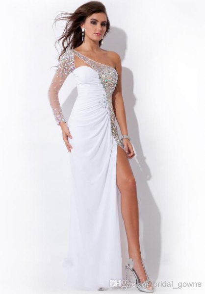 white and silver sequin one shoulder high split maxi dress