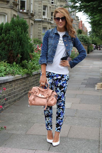 blue and black floral pants with white print tee and denim jacket