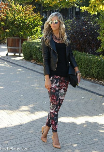 black leather blazer with floral pants