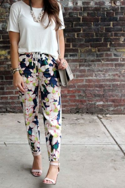 white t-shirt with navy blue floral pants