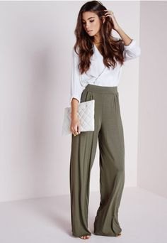 white wrap blouse with gray high waist trousers