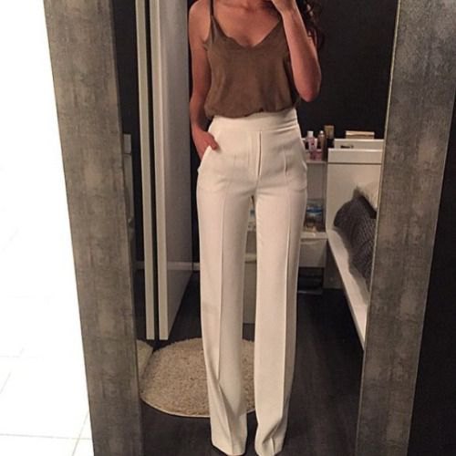 gray camisole with white high waisted pants